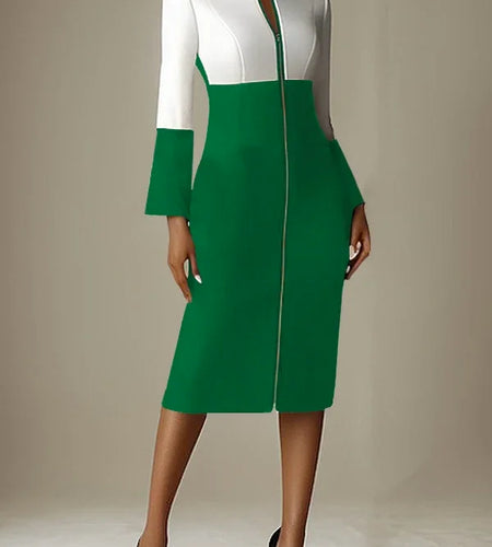 Women's Bodycon Dresses 2024 Autumn Winter Contrast Color V-neck with Zipper Long Sleeves Formal Occasion Dresses