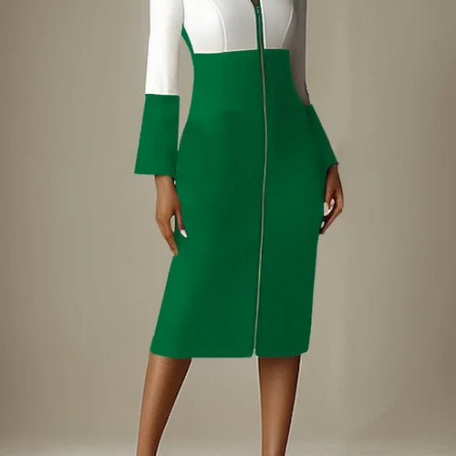 Load image into Gallery viewer, Women&#39;s Bodycon Dresses 2024 Autumn Winter Contrast Color V-neck with Zipper Long Sleeves Formal Occasion Dresses
