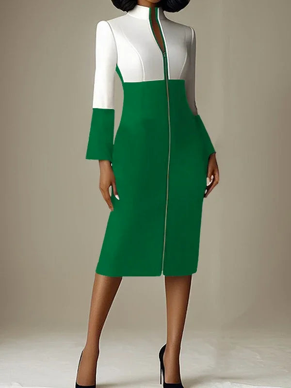 Women's Bodycon Dresses 2024 Autumn Winter Contrast Color V-neck with Zipper Long Sleeves Formal Occasion Dresses