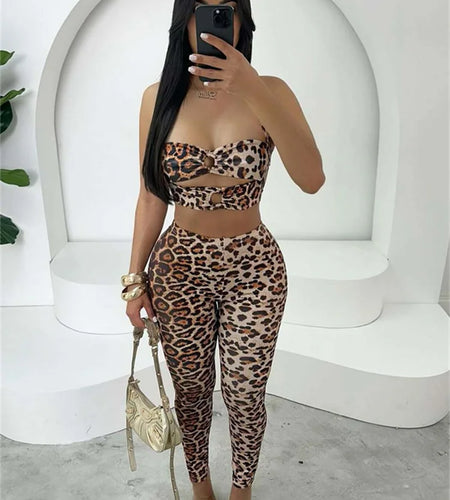 Leopard Print 2-Piece Set Women Hollow Halter Low-Neck Backless Mini Tops+Skinny Elasticity Pants Sexy Matching Suits