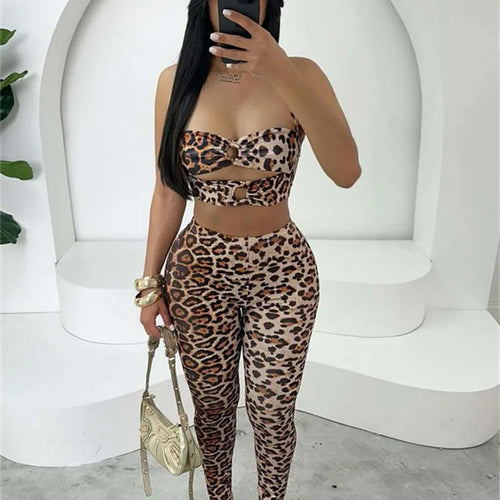 Load image into Gallery viewer, Leopard Print 2-Piece Set Women Hollow Halter Low-Neck Backless Mini Tops+Skinny Elasticity Pants Sexy Matching Suits
