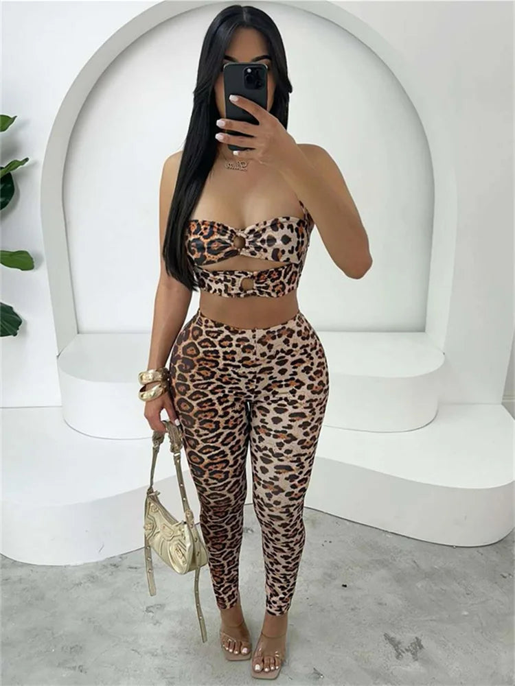 Leopard Print 2-Piece Set Women Hollow Halter Low-Neck Backless Mini Tops+Skinny Elasticity Pants Sexy Matching Suits