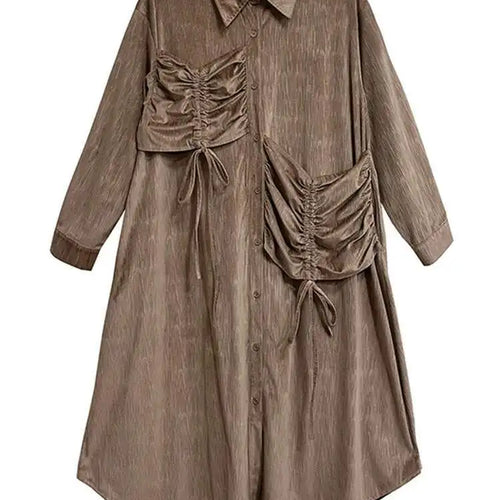 Load image into Gallery viewer, Women Khaki Drawstring Irregular Big Size Elegant Midi Dress New Long Sleeve Fashion Tide Spring Autumn 2025 1DH7270
