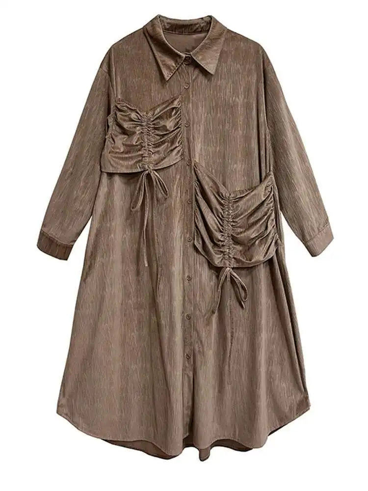 Women Khaki Drawstring Irregular Big Size Elegant Midi Dress New Long Sleeve Fashion Tide Spring Autumn 2025 1DH7270