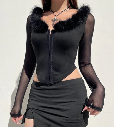 Chic Faux Fur Trim Collar Row Hook T-shirts Women Mesh Sleeve Patchwork Skinny Curve Hem Cropped Tops Streetwear New