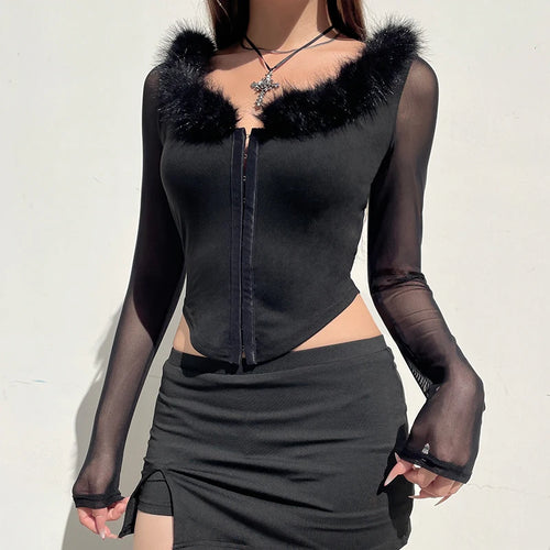 Load image into Gallery viewer, Chic Faux Fur Trim Collar Row Hook T-shirts Women Mesh Sleeve Patchwork Skinny Curve Hem Cropped Tops Streetwear New

