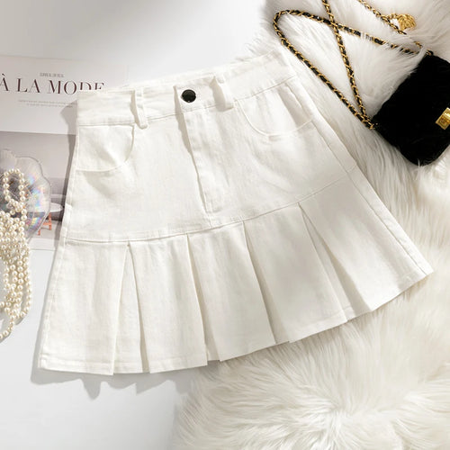 Load image into Gallery viewer, Korean Women's Denim Pleated Skirt Sexy Slim Mini Skirts Woman Summer Solid Color High Waist A-line Wrapped Short Skirt Simple
