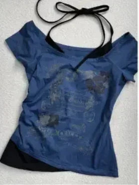 Load image into Gallery viewer, Summer Fake Two Pieces Halter Bandage Vintage T-shirts Y2k Aesthetic Slim Crop Tops Women Grunge Print Harajuku Casual Sexy Tee
