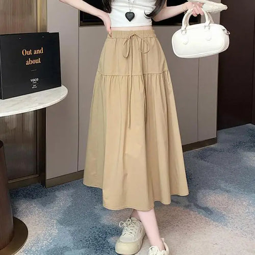 Load image into Gallery viewer, Korean Black High Waist Vacation Slim Pleated Long Skirt Spring Summe Women Khaki Elegant Lace-up Party Skirt Fashion Simplicity
