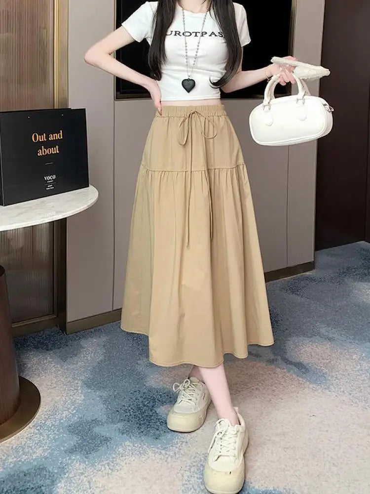 Korean Black High Waist Vacation Slim Pleated Long Skirt Spring Summe Women Khaki Elegant Lace-up Party Skirt Fashion Simplicity