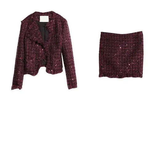 Load image into Gallery viewer, Wine Red Sequins Jacket Tassels Half-body Skirt Two Pieces Suit New Neck Women Fashion Tide Spring Autumn 2025 1DH8275
