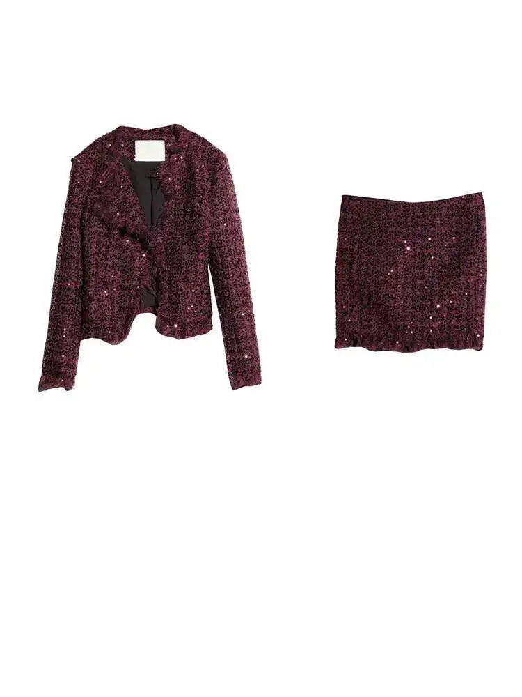Wine Red Sequins Jacket Tassels Half-body Skirt Two Pieces Suit New Neck Women Fashion Tide Spring Autumn 2025 1DH8275