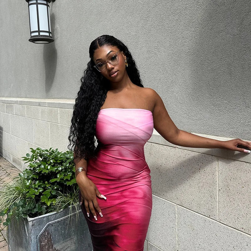 Strapless Print Sexy Midi Dress For Women Fashion Off-shoulder Backless Bodycon Club Party Sexy Long Dress Clubwear