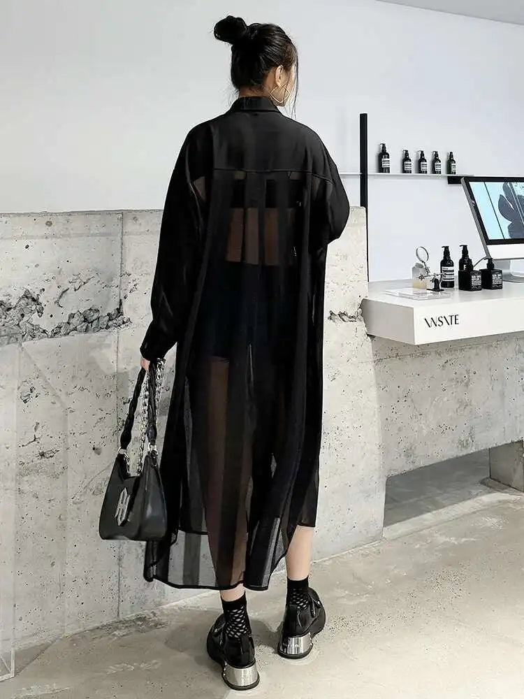 Women Army Green Mesh Color-block Big Size Long Shirt Dress New Lapel Long Sleeve Fashion Tide Spring Autumn 2025 1DH6066