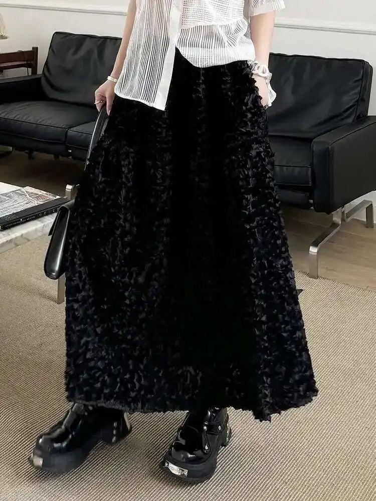 High Elastic Waist Black Three-dimensional Midi A-line Half-body Skirt Women Fashion Tide New Spring Autumn 2025 1DH6459
