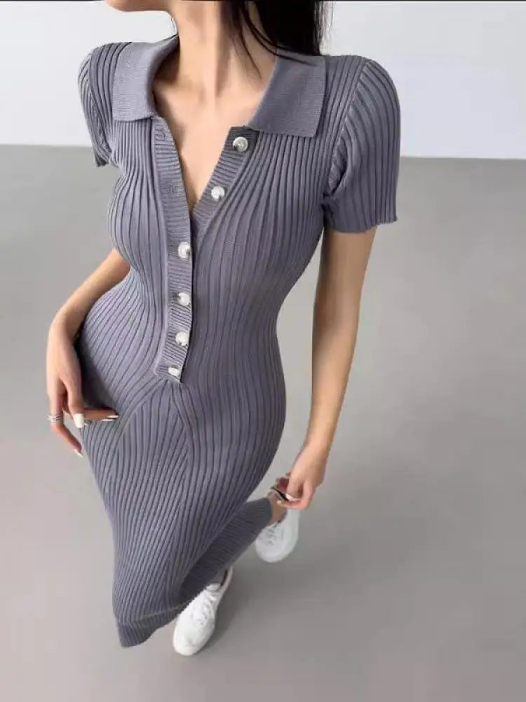French Fashion Women's Solid Short Sleeved Office Lady Knitted Long Dress Summer Single Breasted Slim Wrap Hip Fishtail Dresses