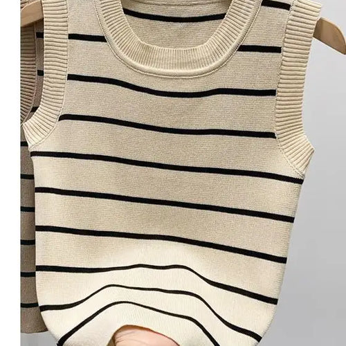 Load image into Gallery viewer, New 2024 Vintage Basic Bottoming Striped Patchwork Knit Vest Women Autumn Winter Elegant Sleeveless Slim Short Tank Tops Fashion
