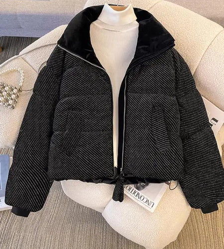 Korean Women Solid Long Sleeves Parkas Autumn Winter Warm Short Down Cotton Jacket Stand Collar Zipper Coat New Fashion Clothing