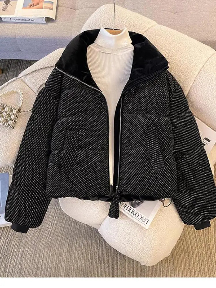 Korean Women Solid Long Sleeves Parkas Autumn Winter Warm Short Down Cotton Jacket Stand Collar Zipper Coat New Fashion Clothing