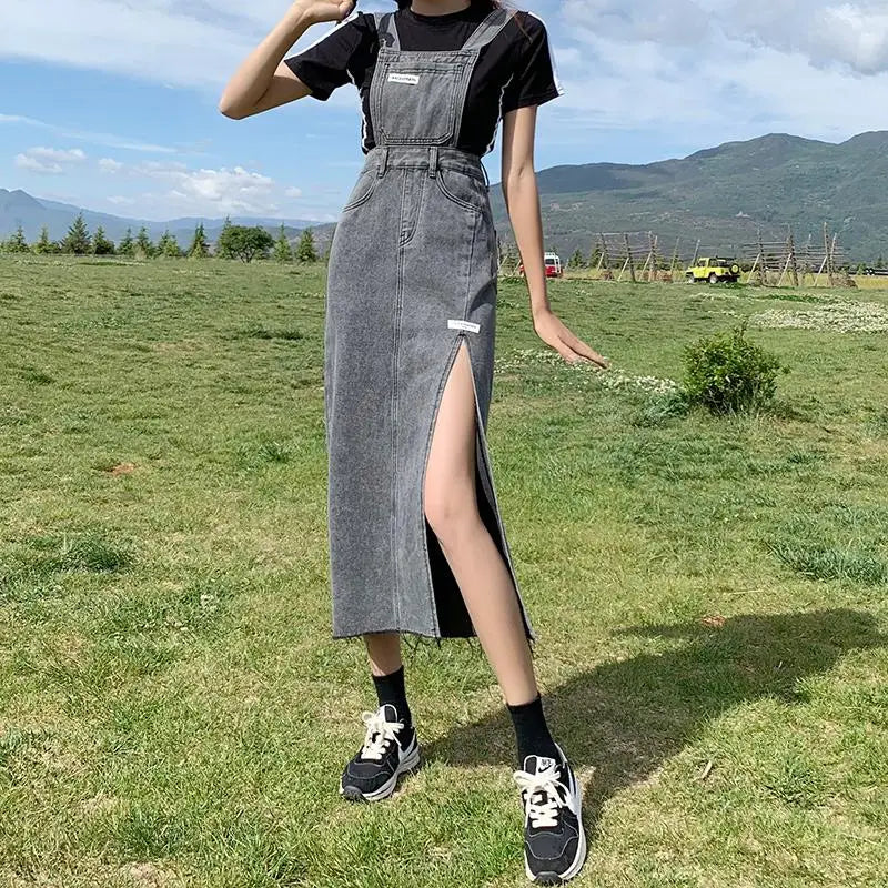 Casual Denim Dress Women Korean Style Solid Spaghetti Strap Dresses Pocket Streetwear Preppy Girl Student Dress Vestido Feminino