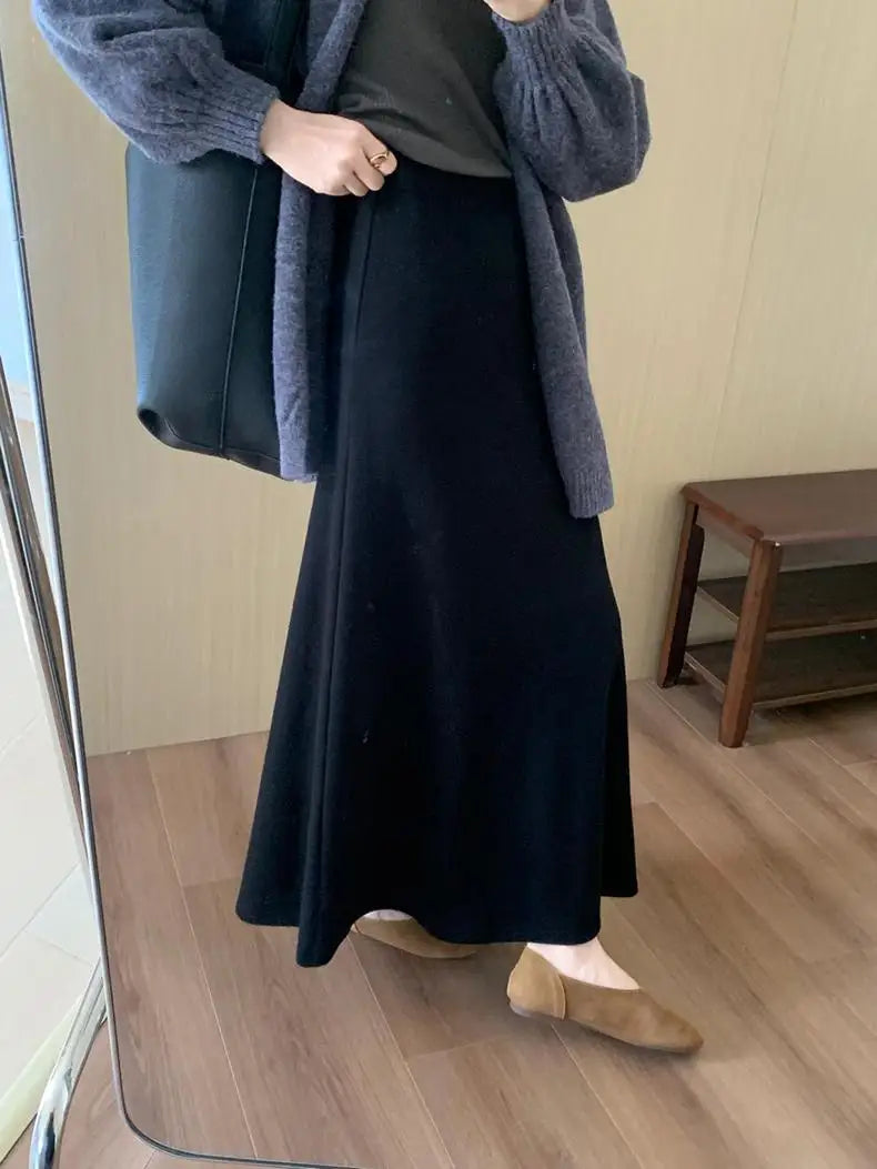 Korean Version 2024 Solid High Waist Versatile Slim Long Skirts For Women Autumn Office Elegant Festival Skirt Simplicity Street