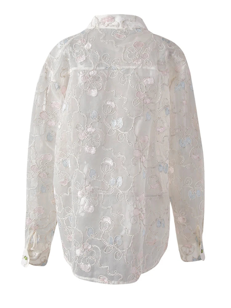 Women Apricot Embroidery Thin Big Size Blouse New Stand Collar Long Sleeve Shirt Fashion Tide Spring Summer 2025 CPG3123