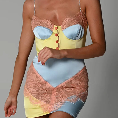 Load image into Gallery viewer, Diamond Strap Elegant Lace Patchwork Party Dresses Women Sexy Buttons Backless Mini Bodycon Dress Clubwear Vestidos 2021
