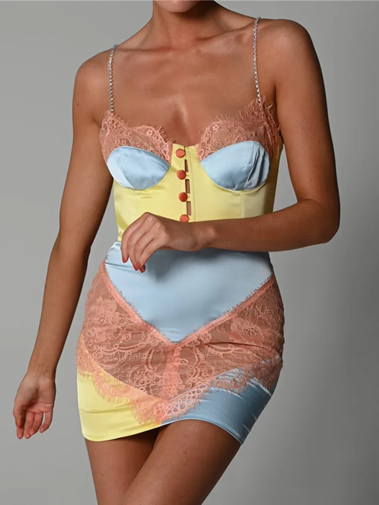 Diamond Strap Elegant Lace Patchwork Party Dresses Women Sexy Buttons Backless Mini Bodycon Dress Clubwear Vestidos 2021