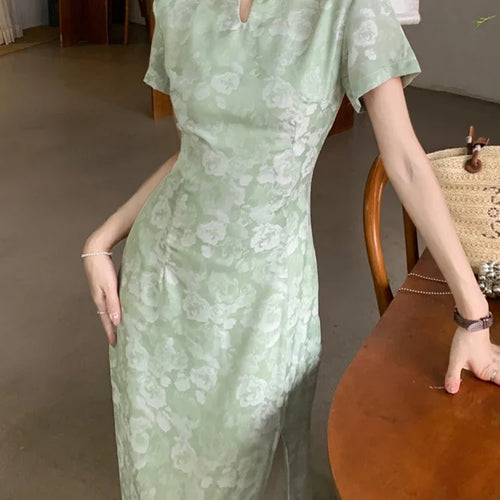 Load image into Gallery viewer, Summer Hollow Split Female Dress Chinese Style Cheongs Solid Color Slim Waist Printing Elegant Chic Women Maxi Dresses
