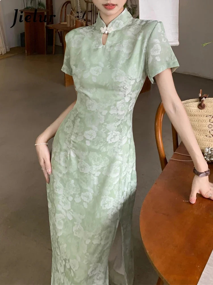 Summer Hollow Split Female Dress Chinese Style Cheongs Solid Color Slim Waist Printing Elegant Chic Women Maxi Dresses