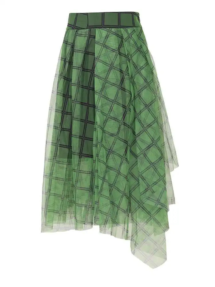 High Elastic Waist Green Plaid Irregular Long Casual Half-body Skirt Women Fashion Tide New Spring Autumn 2025 2A47406
