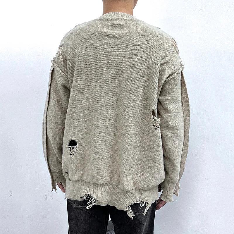 Men's Sweater Broken Hole Loose Long Sleeved New Korean Winter Round Neck Worn-out Design Male Casual Clothing 9W1826