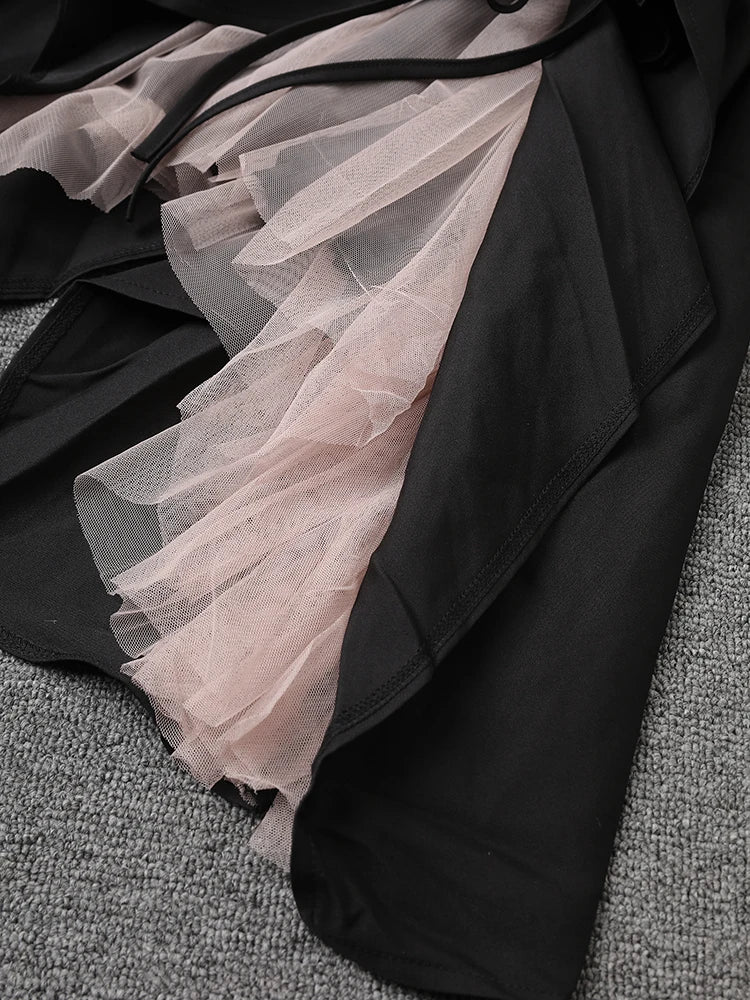 High Elastic Waist Black Drawstring Mesh Irregular A-line Half-body Skirt Women Fashion Tide New Spring Autumn 2025 2Q1136