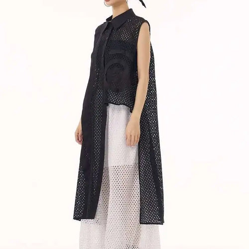 Load image into Gallery viewer, Women White Hollow Out Big Size Long Elegant Shirt Dress New Lapel Sleeveless Fashion Tide Spring Autumn 2025 1DH9424
