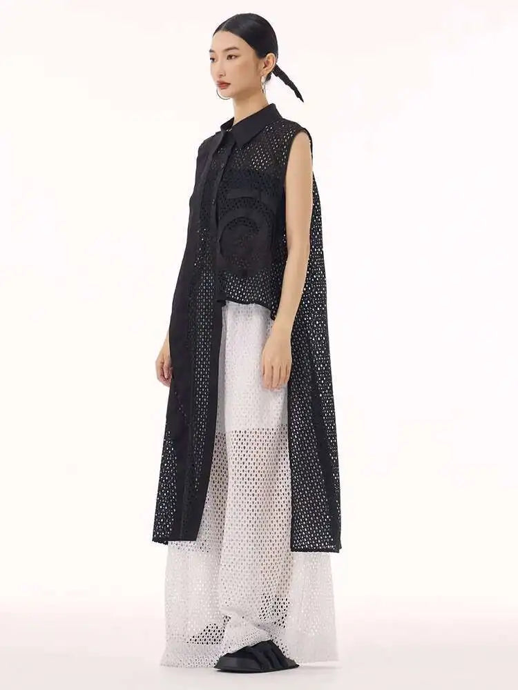 Women White Hollow Out Big Size Long Elegant Shirt Dress New Lapel Sleeveless Fashion Tide Spring Autumn 2025 1DH9424