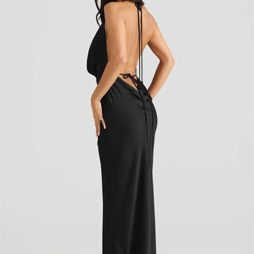 Load image into Gallery viewer, Satin Halter Backless Sexy Maxi Dress Women Gown Elegant Solid Sleeveless Lace-up High Waist Evening Club Long Dress
