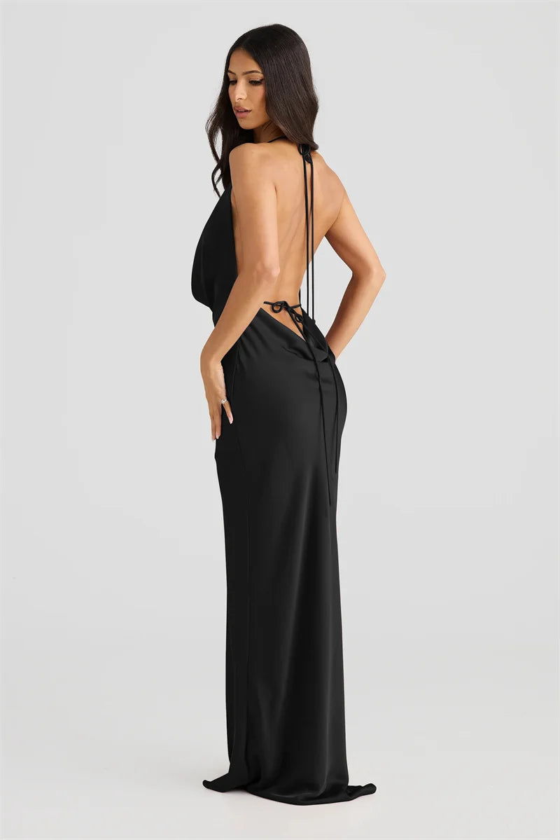 Satin Halter Backless Sexy Maxi Dress Women Gown Elegant Solid Sleeveless Lace-up High Waist Evening Club Long Dress