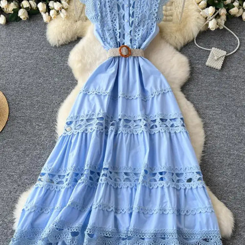 Load image into Gallery viewer, Retro French 2024 New Summer Women Solid Elegant Hollowed Out Sleeveless Long Dress Sweet Lace Patchwork Single Breasted Dresses
