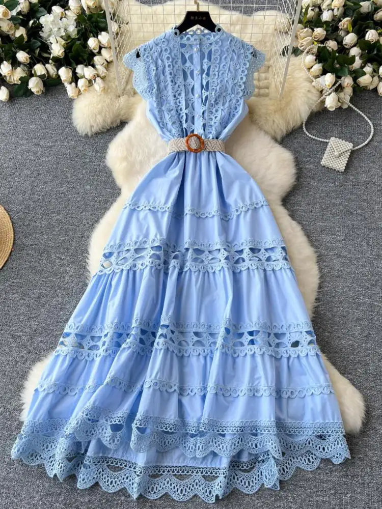 Retro French 2024 New Summer Women Solid Elegant Hollowed Out Sleeveless Long Dress Sweet Lace Patchwork Single Breasted Dresses