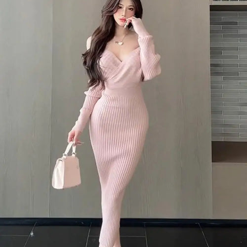 Load image into Gallery viewer, French Black Beige V Neck High Waist Slim Backless Wrap Hip Knitted Dresses Autumn Winter Pink Long Sleeves Office Dress Popular
