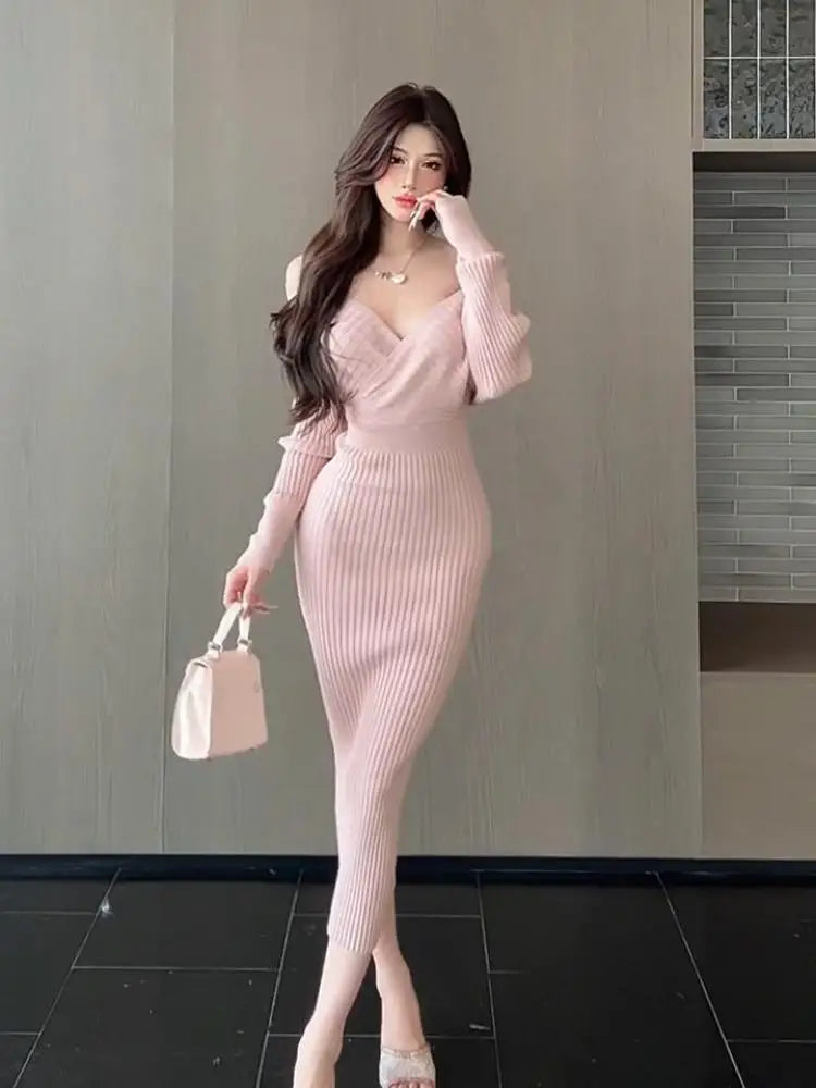 French Black Beige V Neck High Waist Slim Backless Wrap Hip Knitted Dresses Autumn Winter Pink Long Sleeves Office Dress Popular