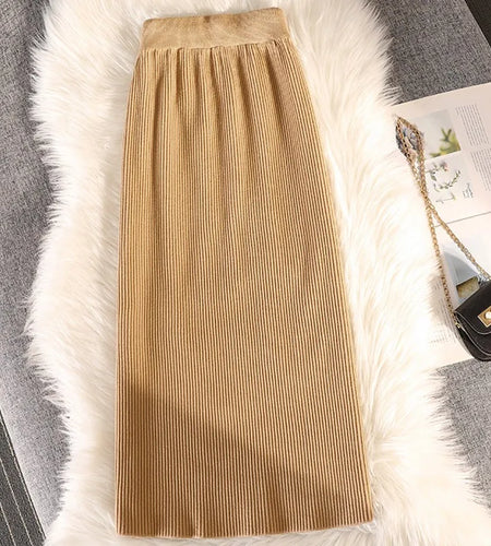 Casual Knit Midi Pencil Skirt Women 2022 Fashion Elastic High Waist Office Lady A-line Skirts Streetwear Autumn Winter