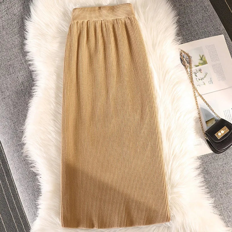 Casual Knit Midi Pencil Skirt Women 2022 Fashion Elastic High Waist Office Lady A-line Skirts Streetwear Autumn Winter