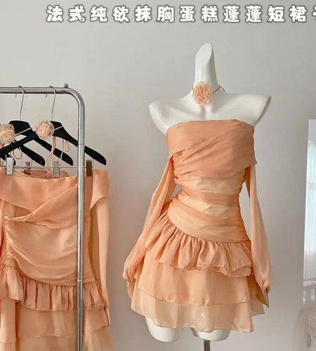 Vintage Women's Autumn Orange Off Shoulder Long Sleeved Short Dress French Fashion Sexy Club High Waist Ruffles Mini Dress Trend