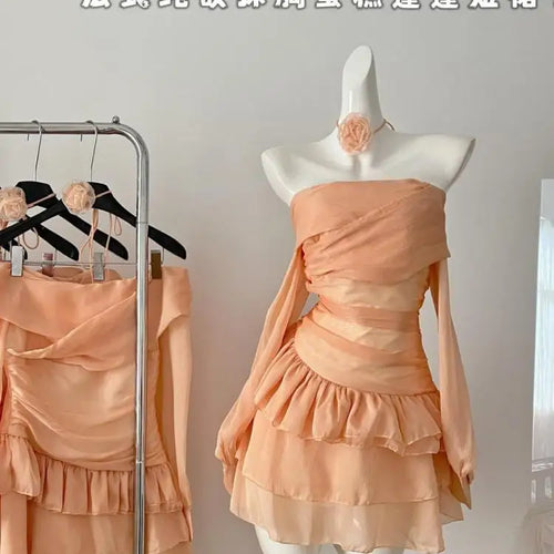 Load image into Gallery viewer, Vintage Women's Autumn Orange Off Shoulder Long Sleeved Short Dress French Fashion Sexy Club High Waist Ruffles Mini Dress Trend
