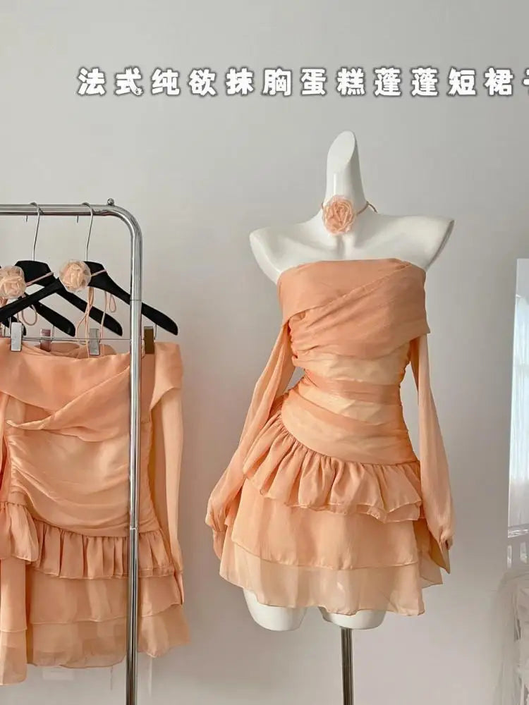 Vintage Women's Autumn Orange Off Shoulder Long Sleeved Short Dress French Fashion Sexy Club High Waist Ruffles Mini Dress Trend