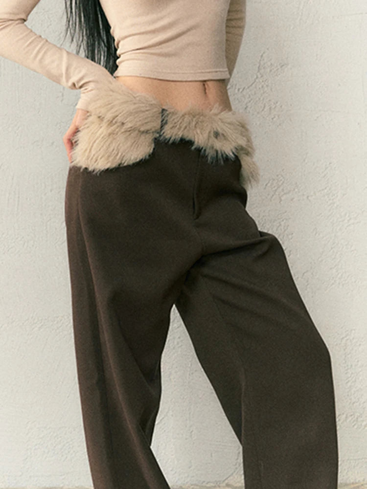 Patchwork detachable Feathers Casual Loose Pants For Women High Waist Spliced Button Wide Leg Pant Female Fashion