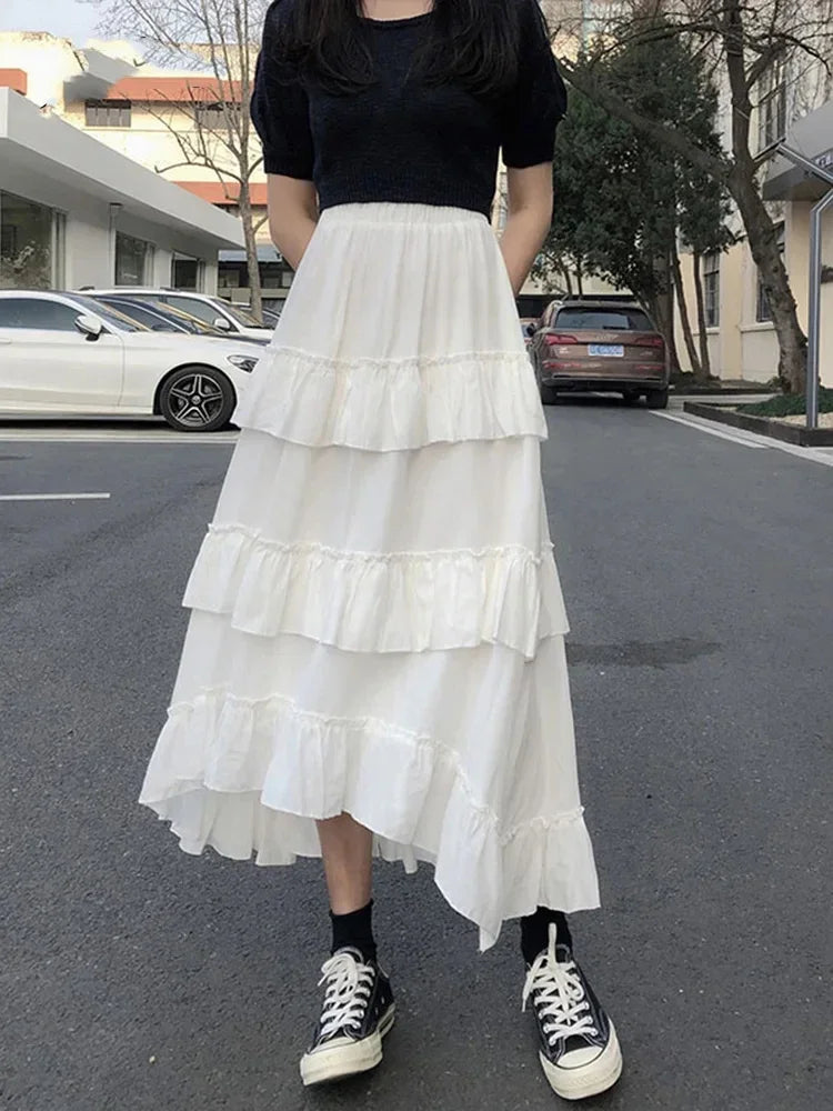 Women's Patchwork Asymmetrical High Low Pleated Skirt New Version  High Waisted Fashion Solid Color Half Skirt Versatile Style