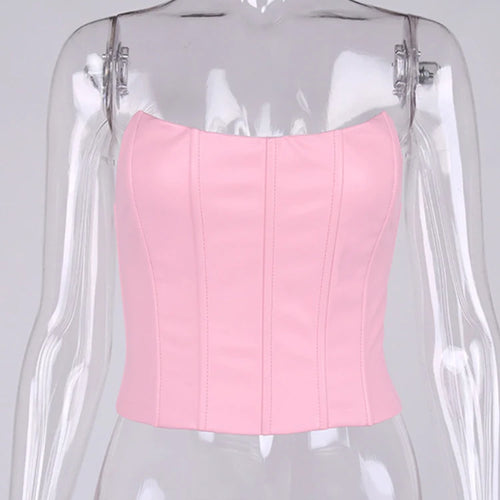 Load image into Gallery viewer, Summer Crop Top Women Fishbone Double Layer Pink  PU Leather Sexy Crop Top Fashion Lady Clubwear Party
