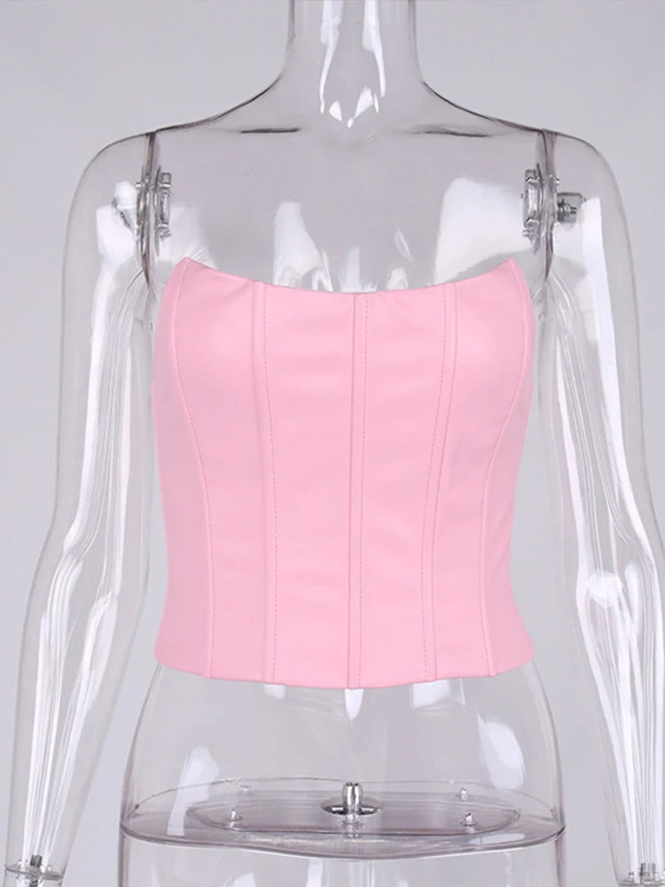 Summer Crop Top Women Fishbone Double Layer Pink  PU Leather Sexy Crop Top Fashion Lady Clubwear Party